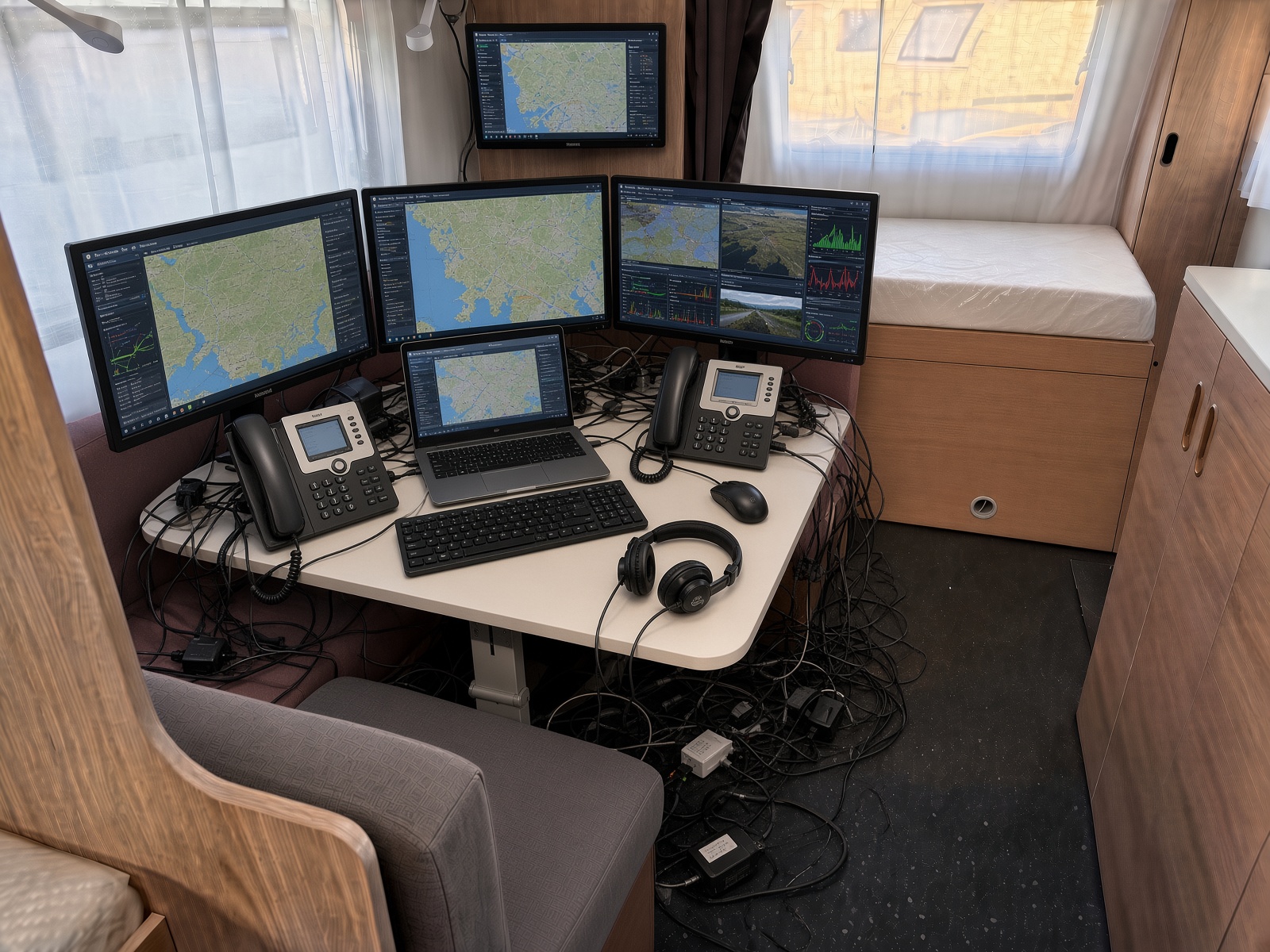 Innenraum des AGIBO Mobilen WarRoom mit mehreren Monitoren und Telefonen